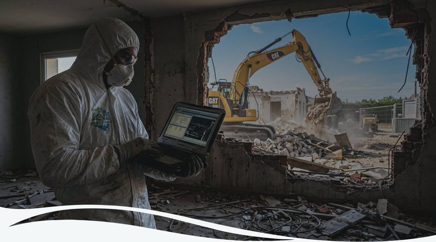 Technicien en combinaison et masque réalisant un diagnostic sur un chantier de démolition