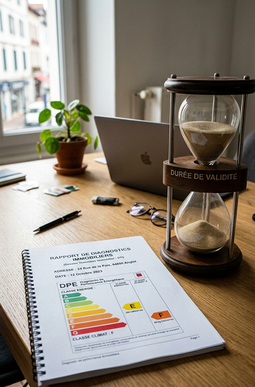Rapport de diagnostic immobilier avec étiquette DPE et sablier de validité