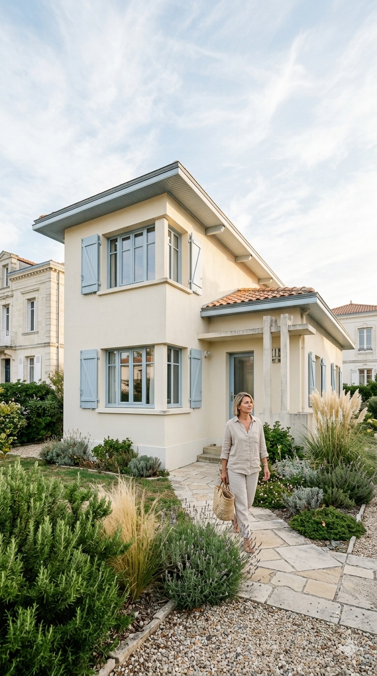 Maison avec jardin et personne marchant vers l’entrée pour un diagnostic immobilier