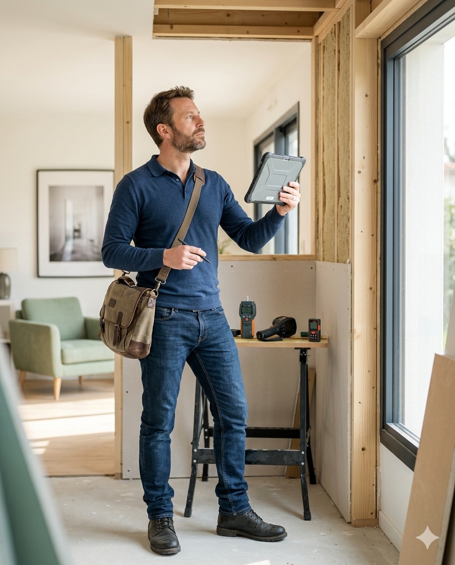 Diagnostiqueur en intérieur, utilisant des appareils de mesure sur un chantier