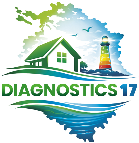 Logo DIAGNOSTICS 17 : maison et phare avec étiquette énergétique