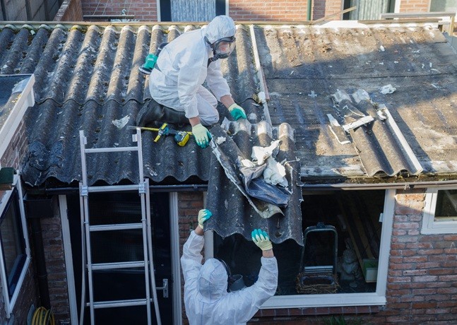 Diagnostic amiante avant travaux : opérateur en combinaison et masque sur un chantier